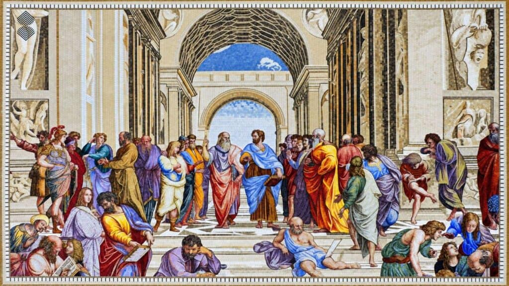 Handcrafted School of Athens mosaic featuring Plato and Aristotle surrounded by ancient Greek philosophers.