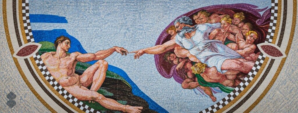 Creation of Adam mosaic recreating Michelangelo's famous painting with God and Adam reaching toward each other.