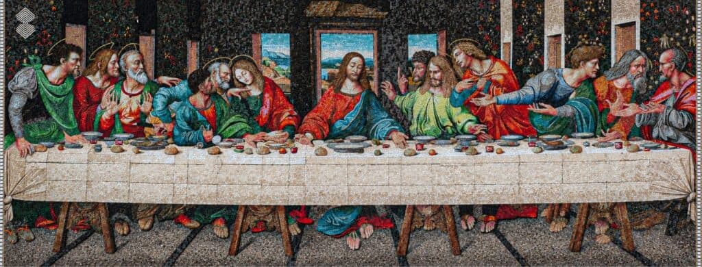 Last Supper mosaic depicting Jesus and twelve apostles gathered around a dining table in colorful garments.
