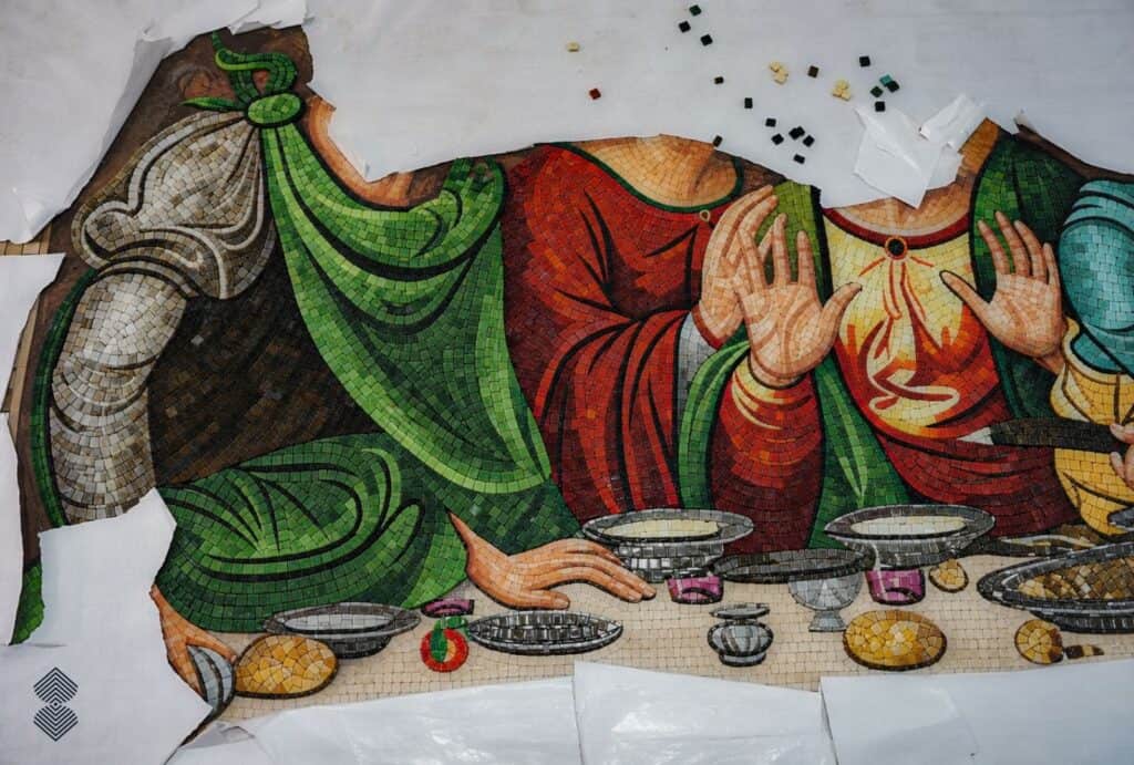 Renaissance religious mosaic recreating Leonardo da Vinci's Last Supper