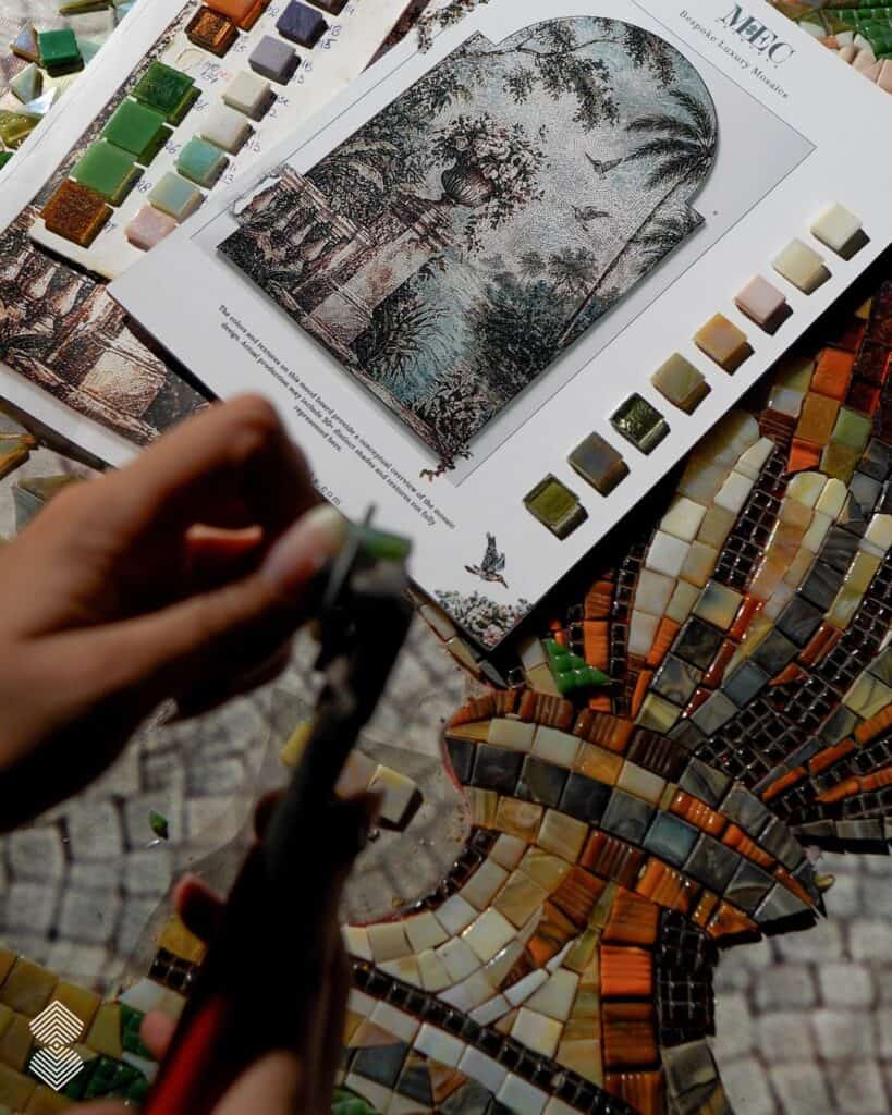 Custom mosaic mural process showing handcrafted glass artwork