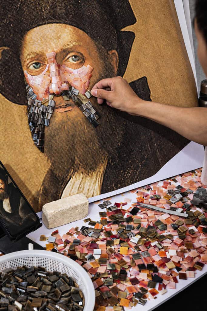 Raphael's Portrait of Baldassare Castiglione recreated in mosaic with natural shading, intricate tesserae, and soft neutral colors.