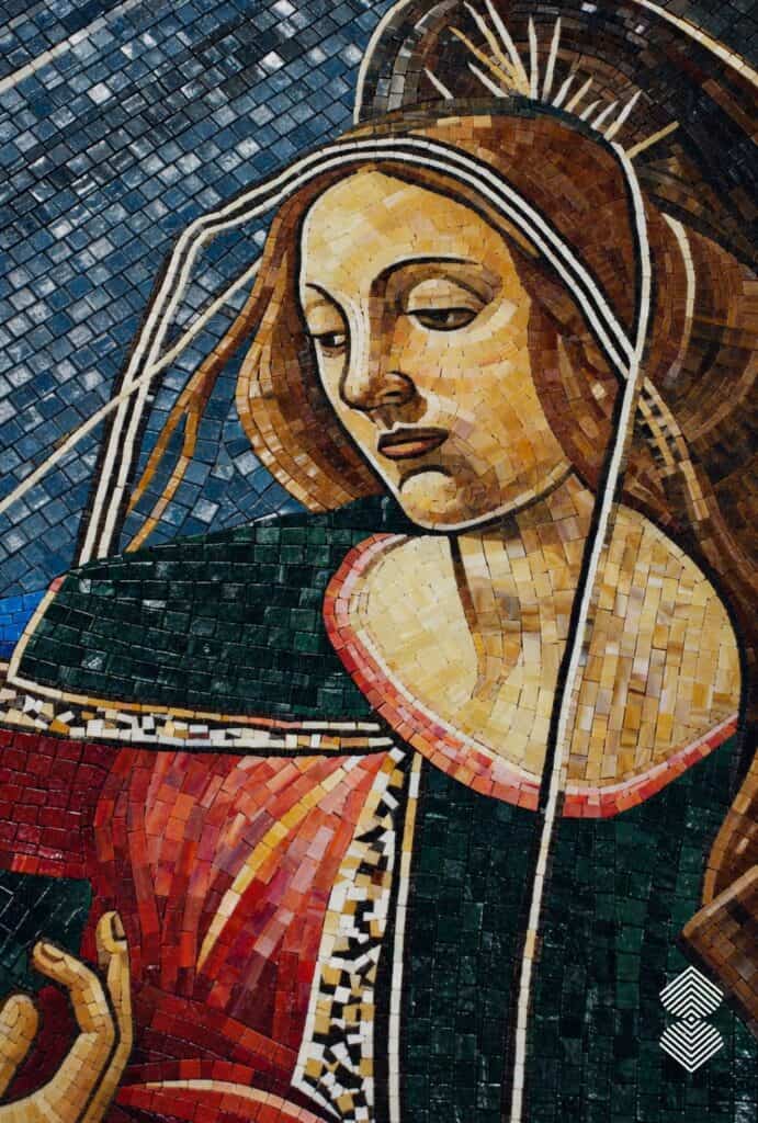 Handcrafted Annunciation mosaic depicting  the Virgin Mary within an ornate Renaissance medallion.