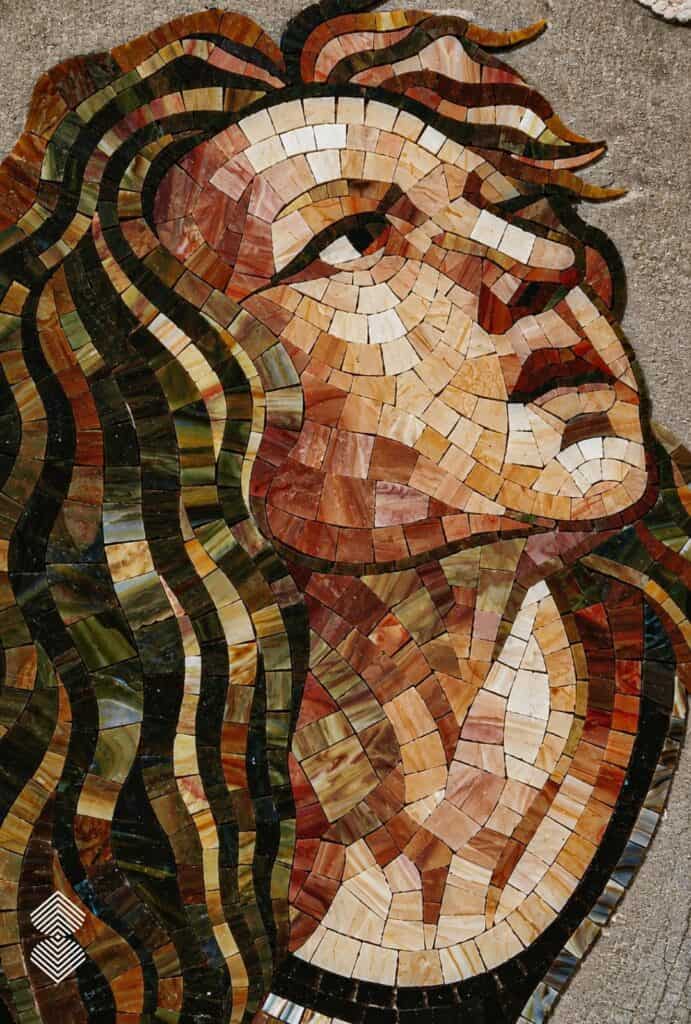 close up of angel Gabriel
Close-up of angel Gabriel in the Annunciation mosaic featuring golden wings, expressive facial details, and intricate hand-cut tesserae.