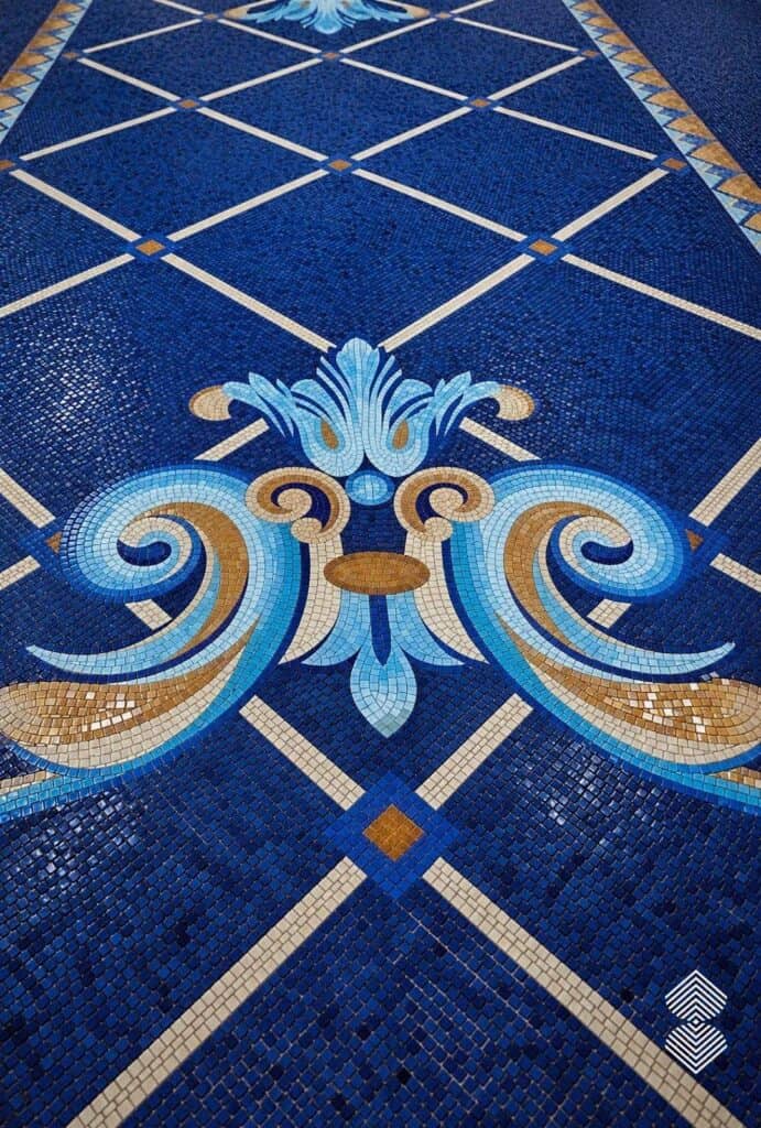Detailed Renaissance mosaic border featuring intricate geometric patterns, ornamental motifs, and carefully arranged tesserae.