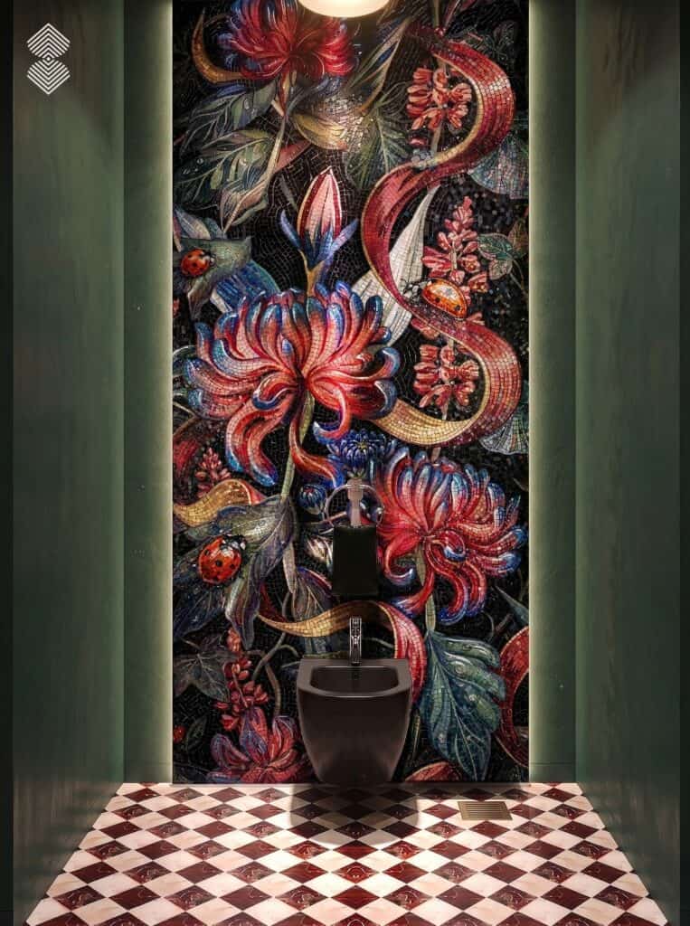 A bold floral mosaic pattern with vibrant flowers and a dark background.