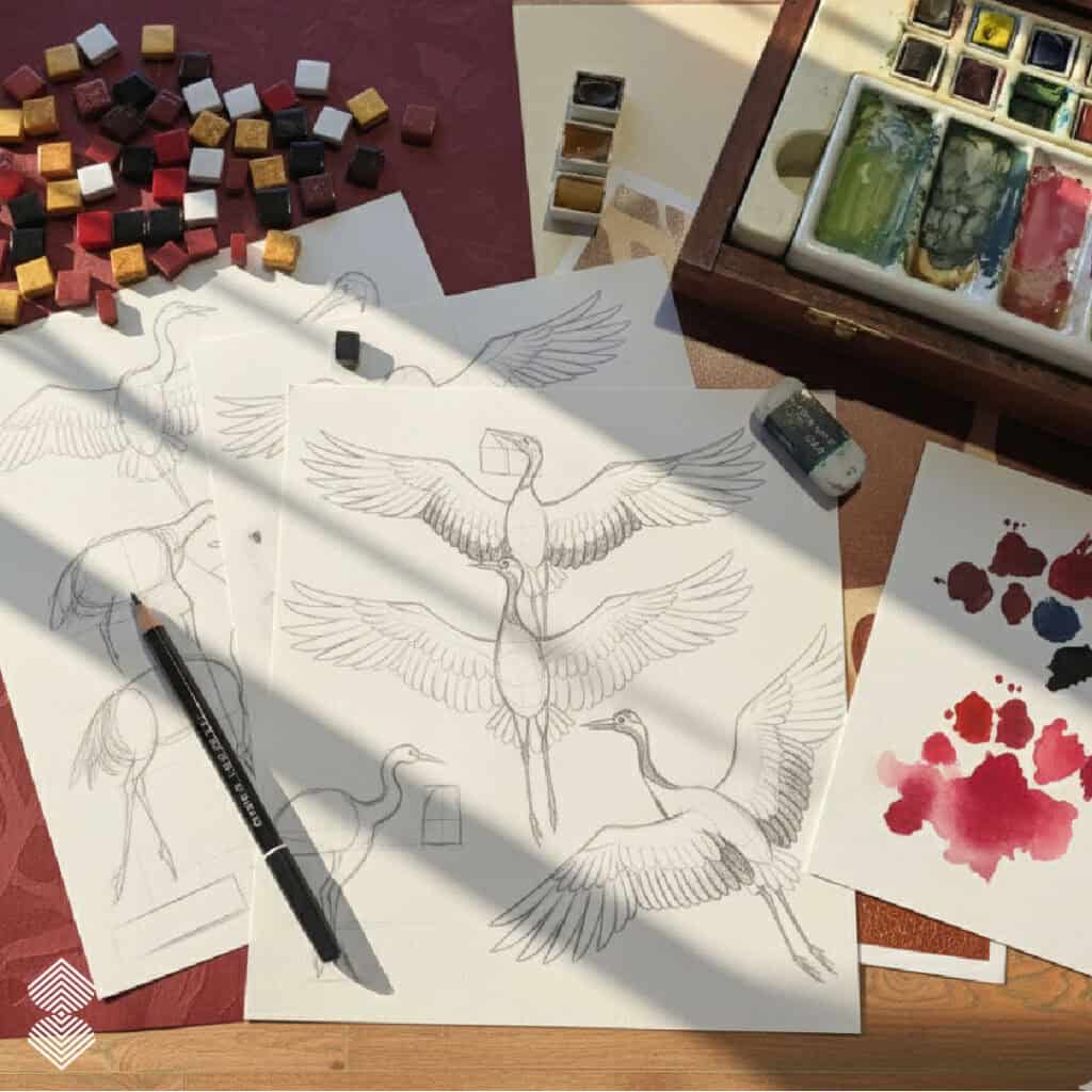 Initial research and sketches for a bespoke bird mosaic