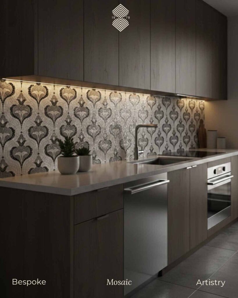 Geometric mosaic kitchen backsplash design adaptable to other areas in the same space.