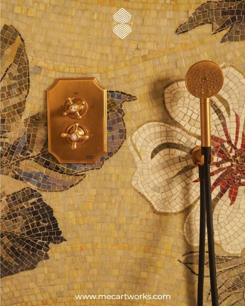 A nature-inspired shower wall mosaic.