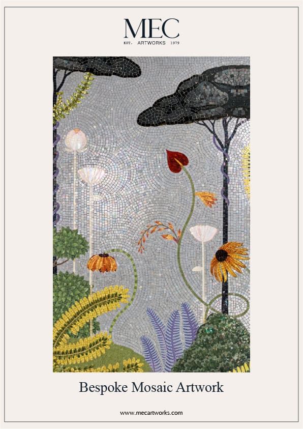 A custom mosaic artwork panel depicting abstract trees, yellow flowers, and lush foliage against a shimmering silver tile backdrop.