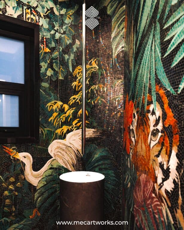 A Wall Mural Featuring a Crane and Tiger