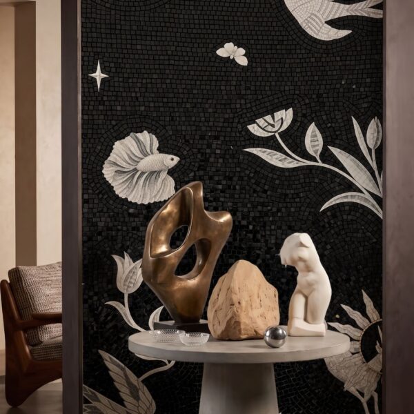 A tall black and white nature mosaic mural with birds, a fish and flowering stems in pale stone against a black ground