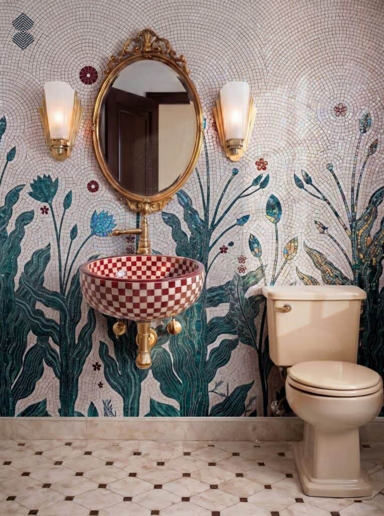 A powder room wall covered in mosaic tile with tall green botanical leaves and subtle flower stems behind a wall-mounted checkered sink and mirror.
