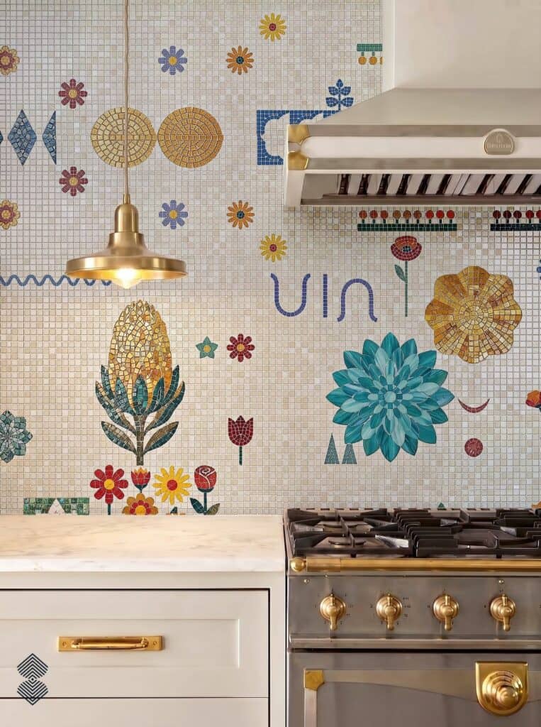 A colorful kitchen backsplash featuring a whimsical glass mosaic wall with stylized teal, yellow, and red flowers, and geometric shapes.