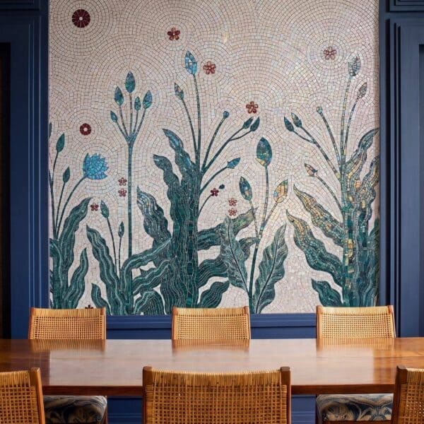 A tall botanical wall mural mosaic of green glass stems, leaves and small red-flower medallions on a cream tesserae background.