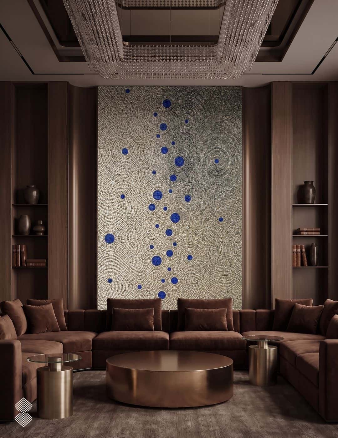 A tall circular mosaic wall art panel with gray and cream concentric rings and a vertical line of cobalt blue spheres
