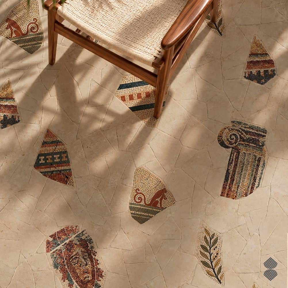 Classical column fragment mosaic floor with Ionic column and figure fragments set in pale stone paving