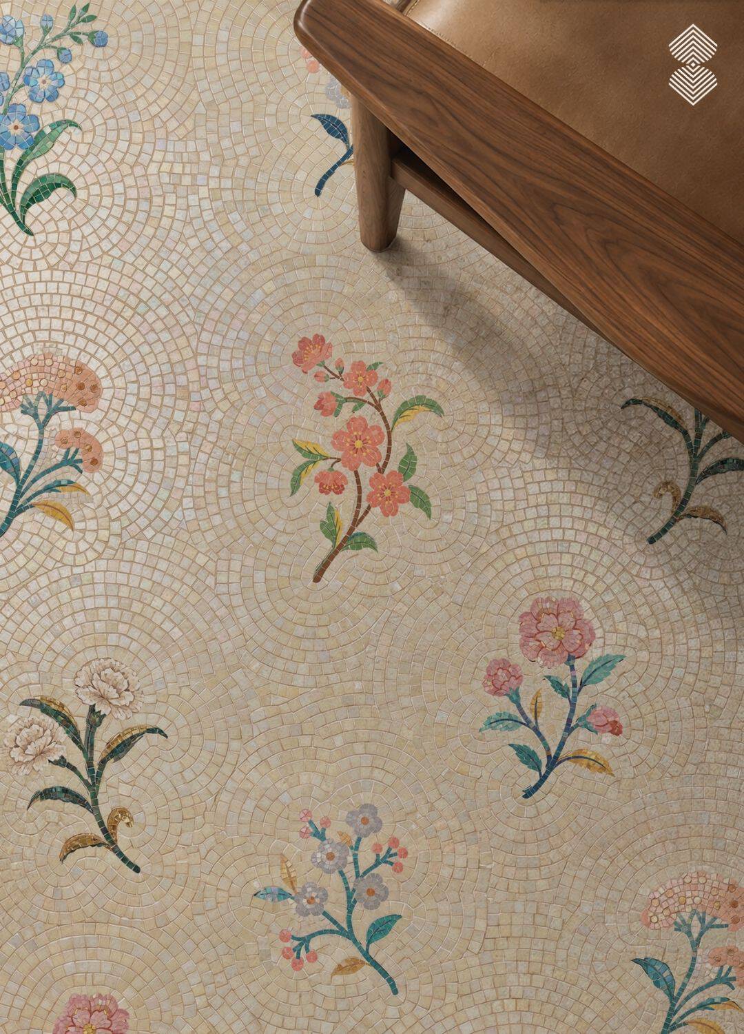 A floral sprig mosaic tile panel with pink and blue blossoms installed as a framed shower wall accent.