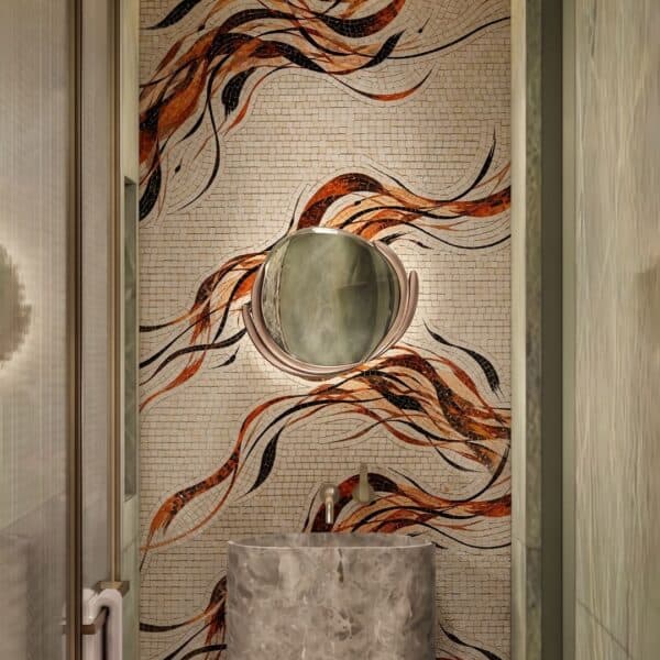Flowing Flame Mosaic Mural A flowing flame mosaic mural of curling rust, copper and black tesserae ribbons across a cream tile wall.