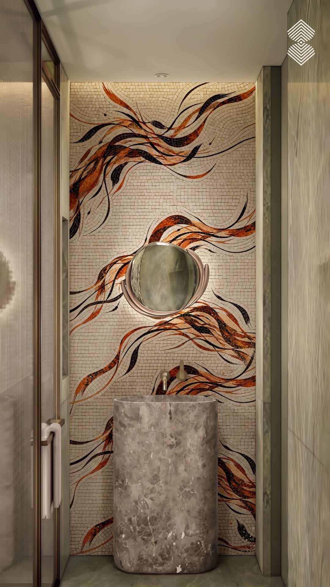A flowing flame mosaic mural of curling rust, copper and black tesserae ribbons across a cream tile wall.