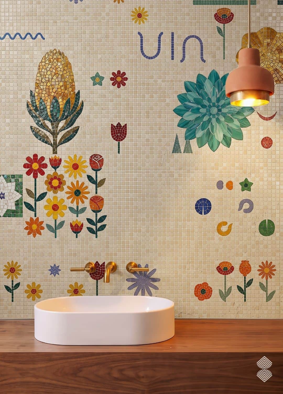 A bathroom wall covered in a folk flower wall mosaic of scattered daisies, tulips and a teal dahlia on a cream tile ground.