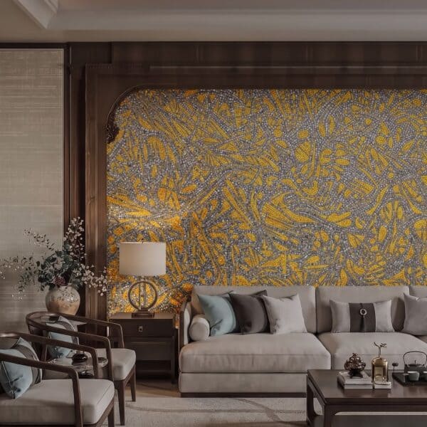 Gold Abstract Mosaic Mural Gold abstract mosaic mural with silver tesserae covering a living room feature wall