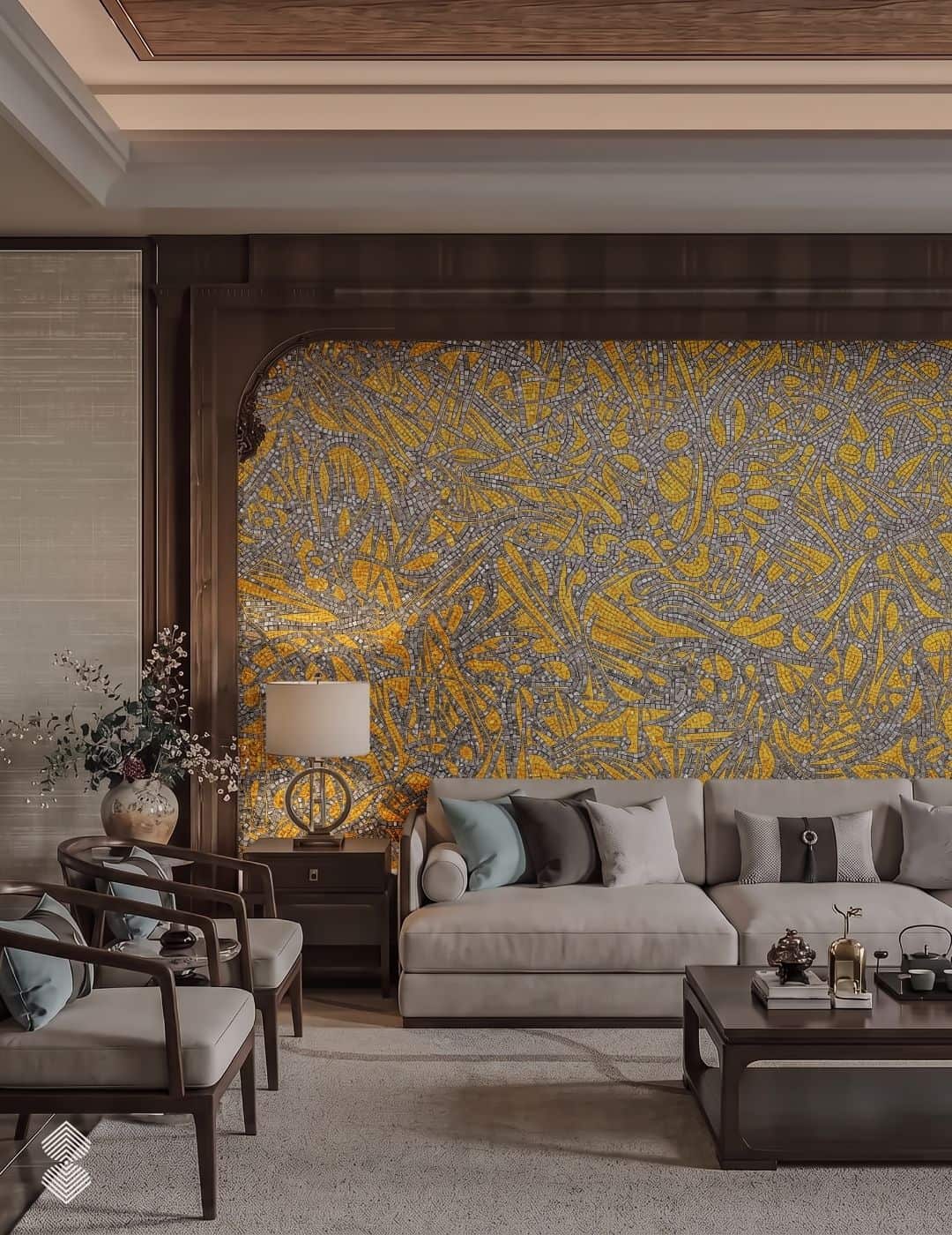 Gold abstract mosaic mural with silver tesserae covering a living room feature wall