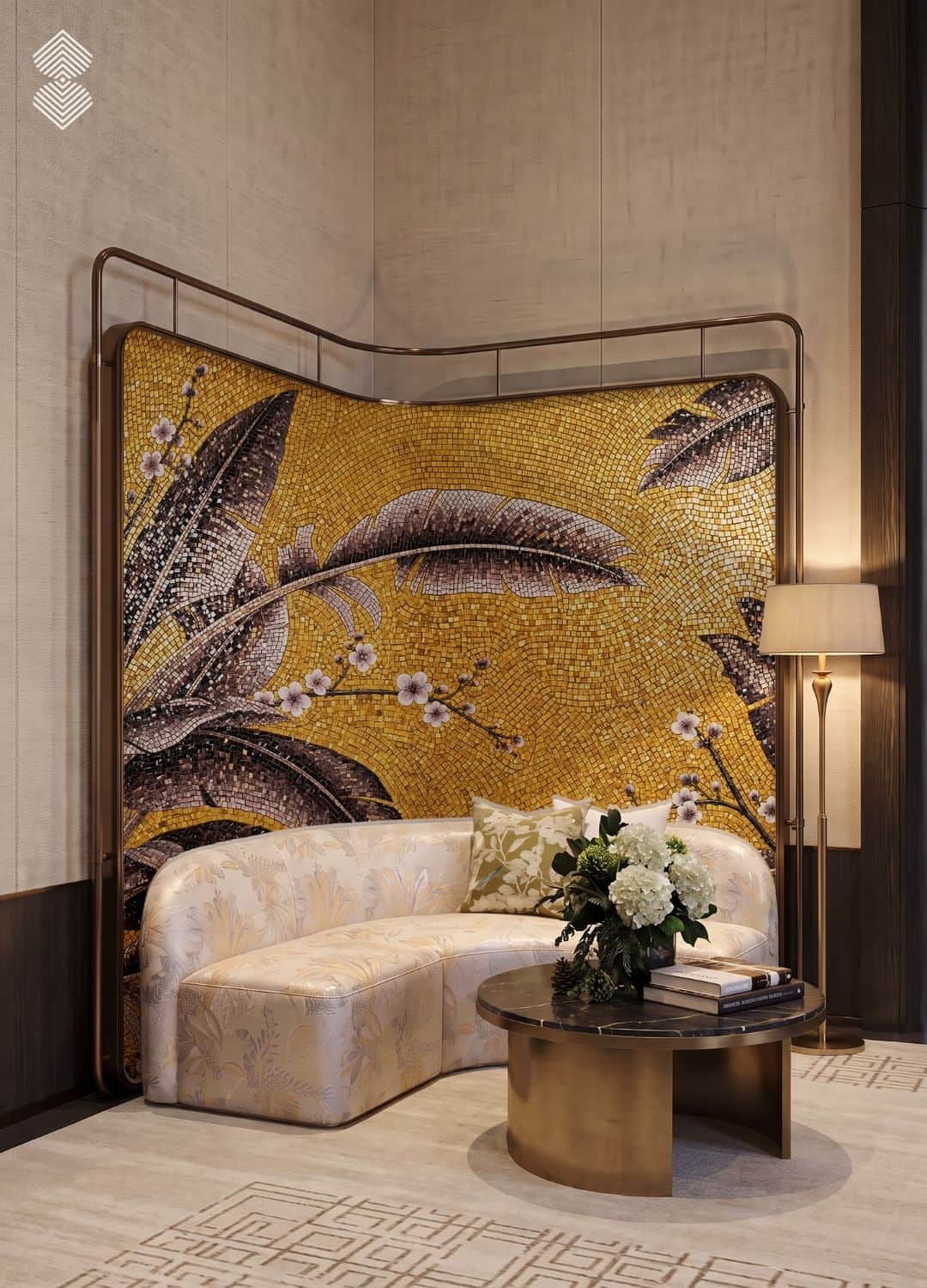 A golden banana leaf mosaic mural with dark bronze leaf forms and pink blossom branches set in glass tesserae on a curved feature wall.