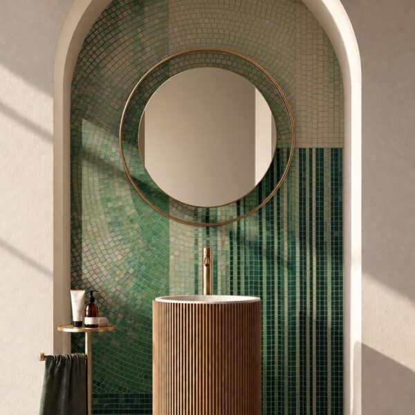 A green arched bathroom mosaic covers a curved wall niche behind a round mirror and pedestal sink.