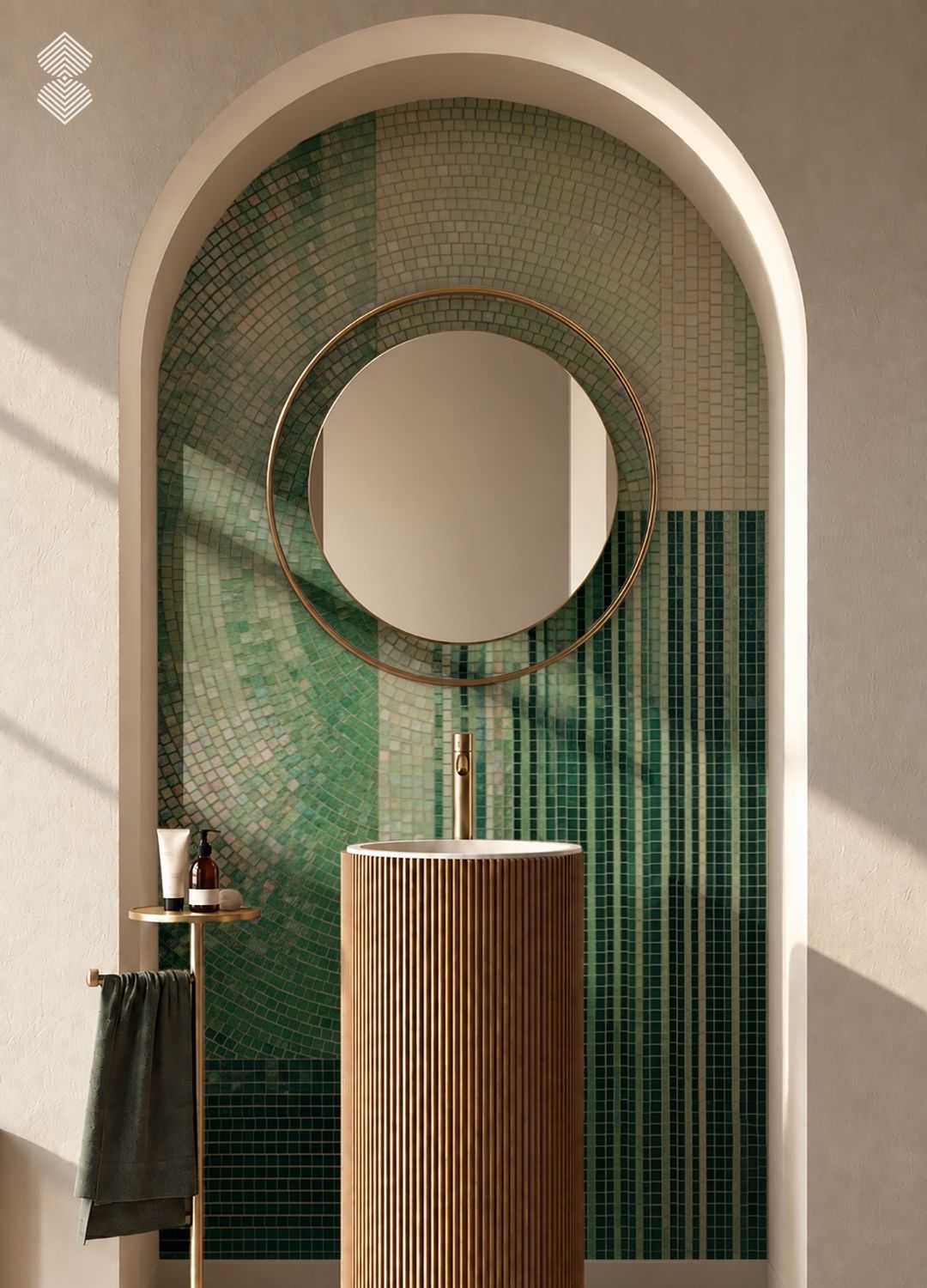A green arched bathroom mosaic covers a curved wall niche behind a round mirror and pedestal sink.