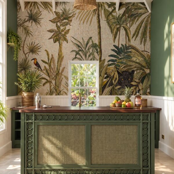 A jungle mosaic mural covering a wall with palm trees, a black panther, and a toucan among tropical leaves.