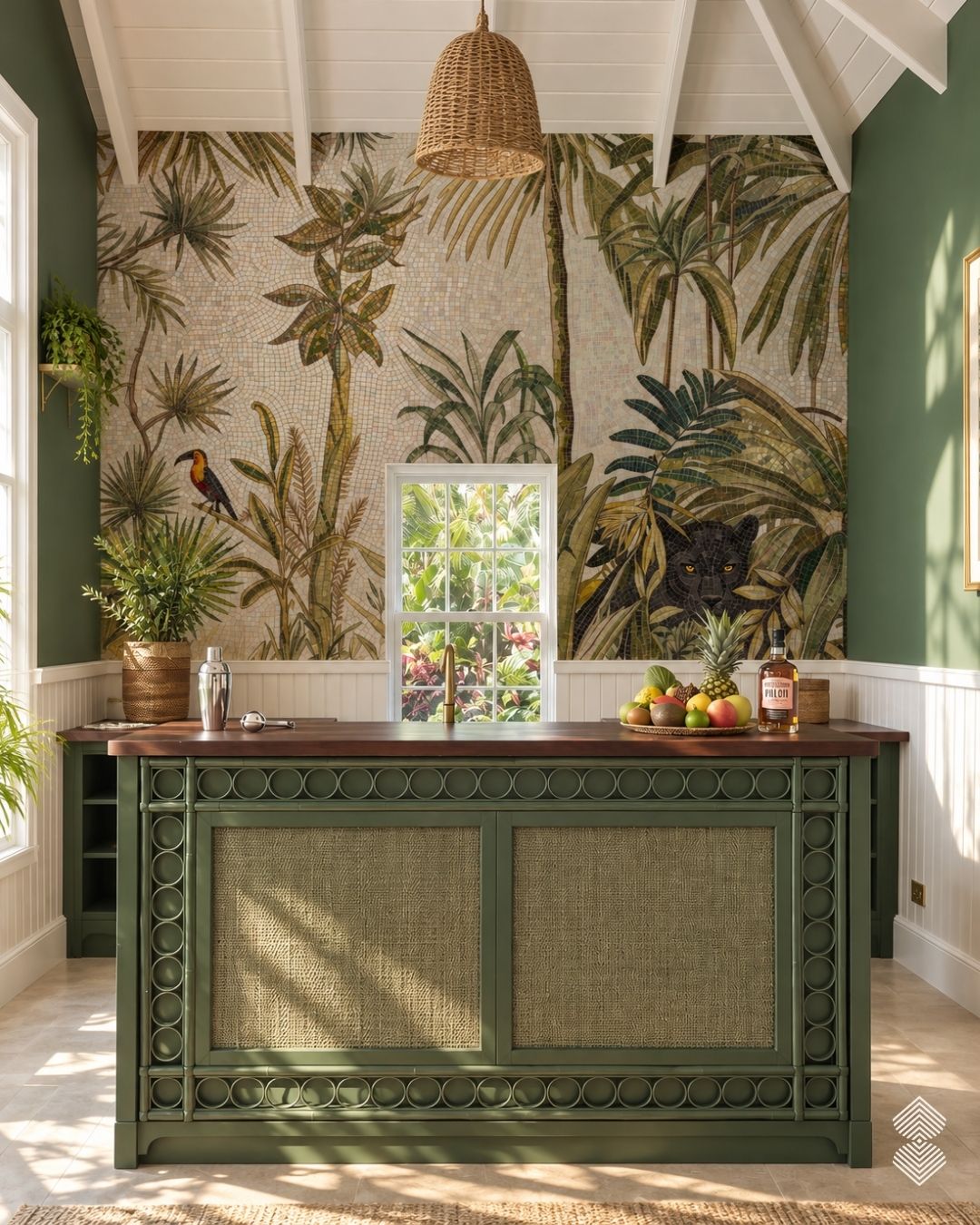 A jungle mosaic mural covering a wall with palm trees, a black panther, and a toucan among tropical leaves.