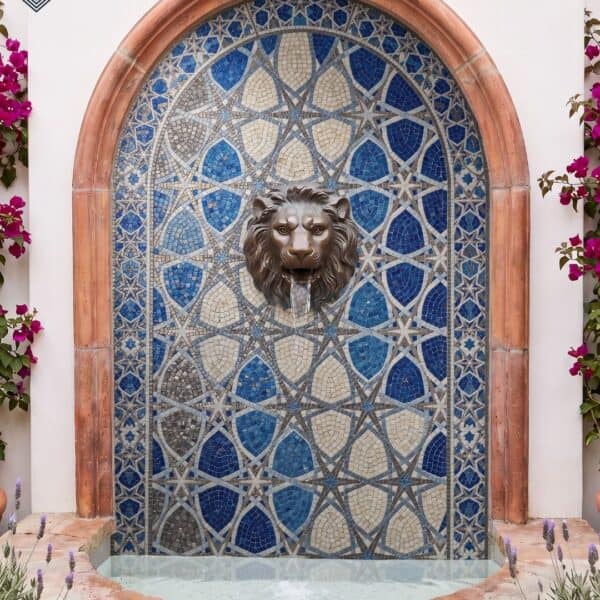 Lion Head Star Pattern Mosaic Wall Fountain An arched lion head mosaic fountain with a blue and cream eight-point star pattern and a bronze lion head spout.
