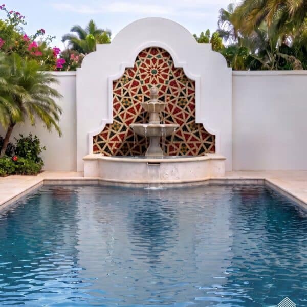 Moroccan Star Arch Mosaic Wall Fountain An arched mosaic star fountain with a red and gold Moroccan star pattern behind a stone spout over a pool.