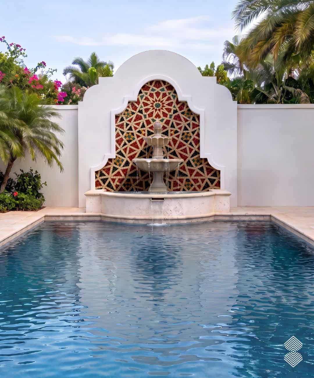An arched mosaic star fountain with a red and gold Moroccan star pattern behind a stone spout over a pool.
