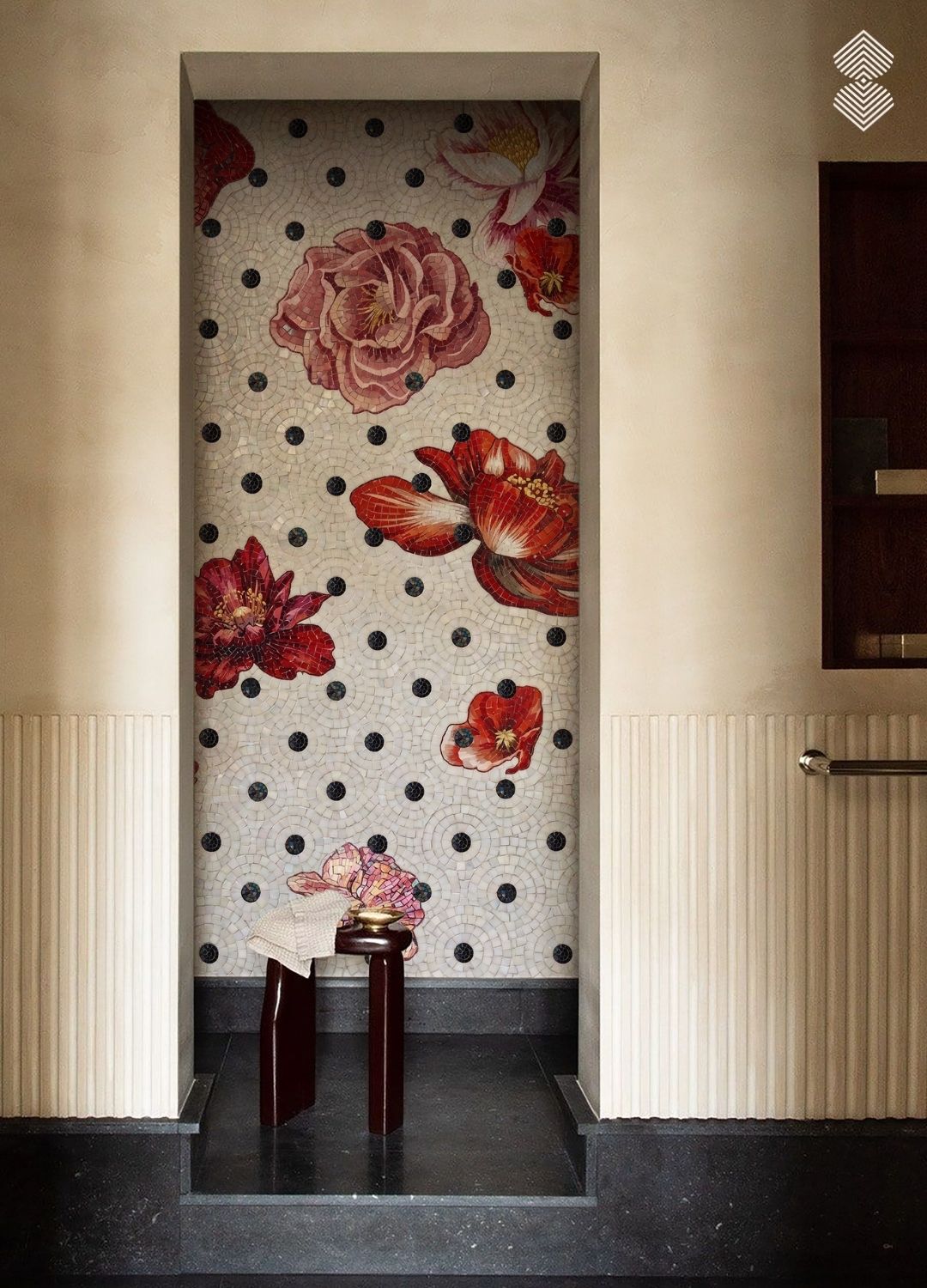 A tall alcove mosaic of red and pink roses scattered over a white ground with black polka dots.