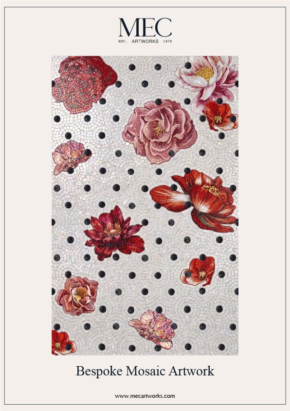 A custom mosaic artwork panel showcasing floating red, pink, and orange floral blooms over a light tile background accented with black dot details.