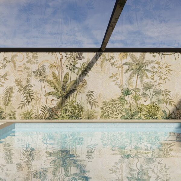 A tropical botanical wall mural in muted greens and cream covers a full indoor pool wall with palms, banana leaves, and hidden birds.