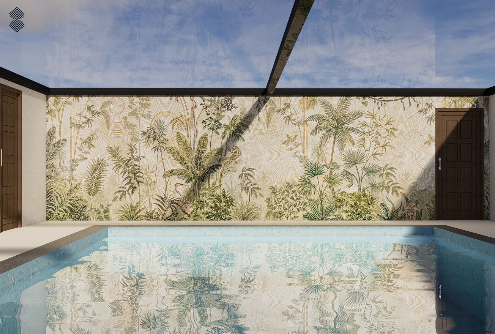 A tropical botanical wall mural in muted greens and cream covers a full indoor pool wall with palms, banana leaves, and hidden birds.