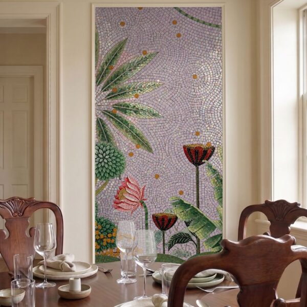A tall tropical floral mosaic panel with banana leaves and a pink lotus set into a dining room wall.
