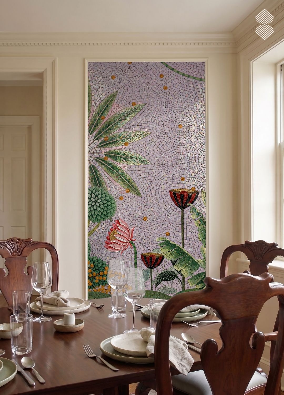 A tall tropical floral mosaic panel with banana leaves and a pink lotus set into a dining room wall.