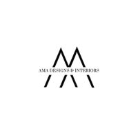 Modern black logo for AMA Designs & Interiors with a stylized "M" formed by angled lines.