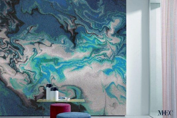 Product design. Mighty Blue Ocean PIXL abstract swirl Vertex Glass mosaic made using AddTek system. Custom made glass mosaic tile designs. Also dubbed Oceano Blu