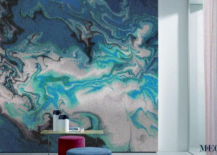 Product design. Mighty Blue Ocean PIXL abstract swirl Vertex Glass mosaic made using AddTek system. Custom made glass mosaic tile designs. Also dubbed Oceano Blu