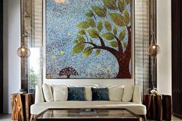 stylized mosaic tree scenery made with glass mosaic