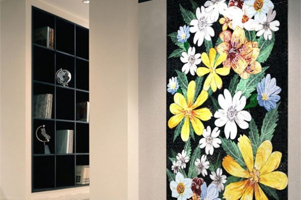 Glass mosaic design featuring brilliantly colored bouquet of wildflowers by MEC.