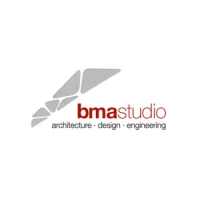 BMA Studio logo featuring abstract geometric shapes and tagline: architecture · design · engineering in modern font.