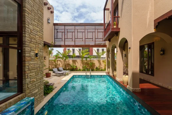 pool mosaic with shimmering glass tiles, ideal for luxury swimming pools, tropical villas, spas, and resort-style outdoor spaces