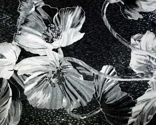 Black and white floral mosaic artwork with large blooming flowers and textured detailing on dark background.