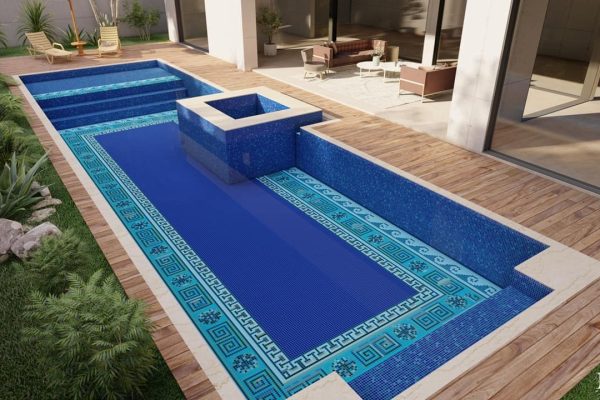 Greek key meander mosaic tile design with borders at the floor of glass swimming pool